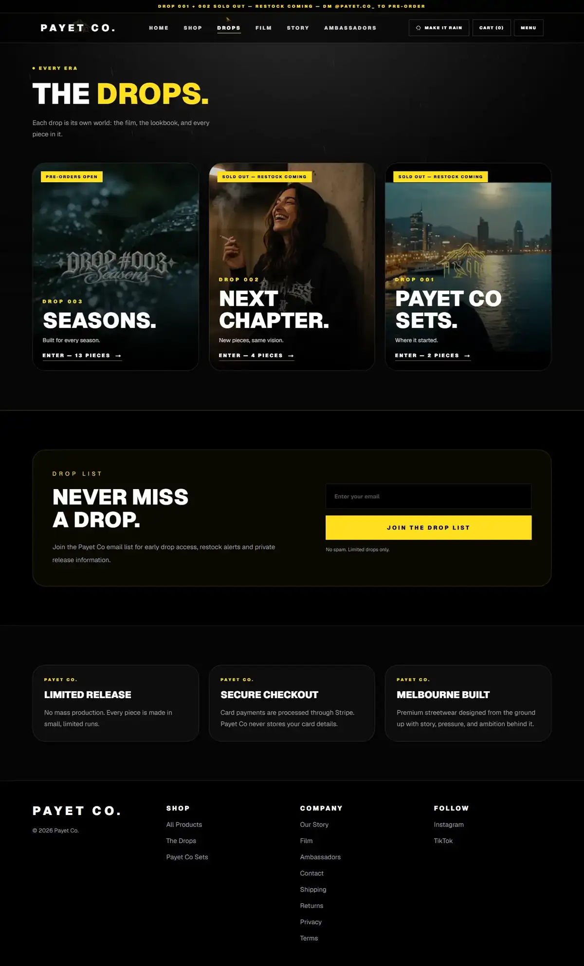PAYET CO.: Drops page, desktop view
