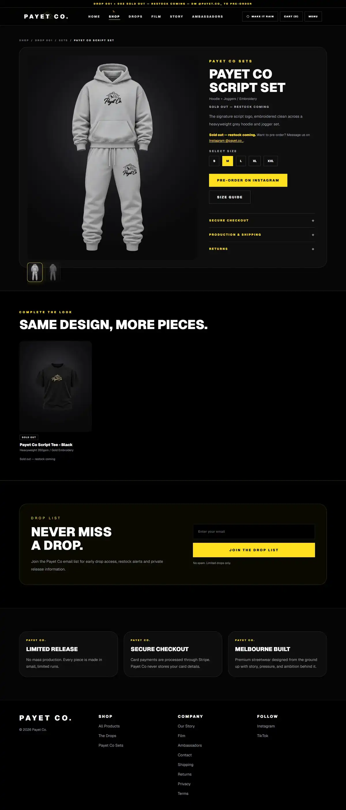 PAYET CO.: Product page, desktop view